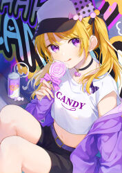  :p absurdres blonde_hair can candy candy_hat_ornament clothes_writing female food graffiti hat highres holding holding_candy holding_food holding_lollipop jacket koyulu lollipop looking_at_viewer midriff nail_polish navel original pink_nails purple_eyes purple_jacket short_shorts shorts solo stomach swirl_lollipop tongue tongue_out wrapped_candy wrapped_lollipop yellow_nails 