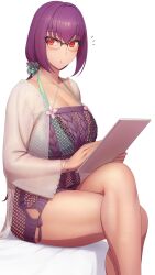  breasts cleavage collarbone crossed_legs dress fate/grand_order fate_(series) female glasses hair_ornament hair_scrunchie highres large_breasts long_hair long_sleeves looking_at_viewer lvl_(sentrythe2310) ponytail purple_dress purple_hair red_eyes scathach_(fate) scathach_skadi_(fate) scathach_skadi_(swimsuit_ruler)_(fate) scathach_skadi_(swimsuit_ruler)_(second_ascension)_(fate) scrunchie see-through sitting solo sweater sweater_dress tablet_pc thighs 