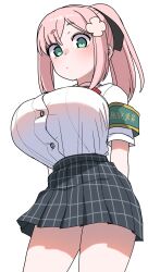  akitokage armband blush breasts cowboy_shot female green_armband green_eyes hair_ornament highres large_breasts looking_at_viewer momoka_iori official_art pink_hair pleated_skirt ponytail school_uniform shirt skirt white_background white_shirt yomega_kiss 