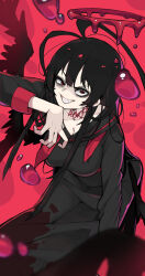  absurdres black_hair black_shirt black_skirt blood blood_on_clothes blue_archive breasts cleavage dutch_angle evil_grin evil_smile female garib_(gari_gari_1) grin halo highres leaning_forward looking_at_viewer melting_halo messy_hair pale_skin school_uniform sharp_teeth shirt skirt smile solo teeth tsurugi_(blue_archive) 