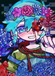  1boy basil_(headspace)_(omori) basil_(omori) blood blood_on_face blue_overalls blush censored flower green_eyes green_hair green_nails green_shirt head_wreath highres jump_rope looking_at_viewer mosaic_censoring omori overalls parted_lips shirt short_hair short_sleeves smile solo spoilers tearing_up uminosoko44 upper_body 