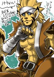  abs accessory animal_ears animal_humanoid animal_nose anthro armband blonde_hair blue_eyes breath_of_fire capcom felid felid_humanoid feline feline_humanoid fur hair headband hi_res humanoid male mammal mammal_humanoid muscular muscular_male pecs rei_(breath_of_fire) reiziru sleeveless_shirt solo stripped_markings yellow_body yellow_fur 