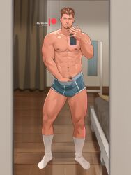  1boy abs absurdres aqua_male_underwear bara brown_hair curtains earrings facial_hair full_body goatee hand_in_underwear highres holding holding_phone jewelry katto8452 large_pectorals looking_at_viewer male_focus male_pubic_hair mirror_selfie muscular muscular_male navel navel_hair nipples nose_piercing nose_ring original parquet_floor patreon_logo patreon_username pectorals phone piercing pubic_hair pubic_hair_peek short_hair signature single_earring socks solo standing thick_eyebrows thick_thighs thighs topless_male undercut white_socks wooden_floor 