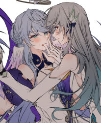  2girls bare_shoulders blue_hair blush closed_mouth commentary commentary_request dress finger_in_another&#039;s_mouth firefly_(honkai:_star_rail) green_eyes grey_hair halo head_wings holding_hands honkai:_star_rail honkai_(series) interlocked_fingers long_hair long_sleeves looking_at_another multiple_girls purple_eyes robin_(honkai:_star_rail) sieka_(piiroinardesco) simple_background symbol-only_commentary upper_body white_background white_dress wings yuri 