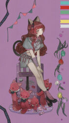  animal_ear_fluff animal_ears bandaged_arm bandages black_footwear blue_flower blunt_bangs candy cat_ears cat_girl cat_tail collared_shirt commentary crossed_legs eyepatch female film_grain flower food frilled_sleeves frills green_flower grey_shirt grey_skirt hashtag-only_commentary high_heels highres kamitsubaki_studio leaning_forward long_hair looking_at_viewer midriff neffy_(valis) nekosuke_(oxo) on_stool pennant pink_eyes pink_nails pink_socks pleated_skirt puffy_short_sleeves puffy_sleeves purple_background purple_flower red_flower red_hair shirt short_sleeves sinsekai_studio sitting skirt socks solo standing stool stuffed_animal stuffed_cat stuffed_toy suitcase symbol-only_commentary tail valis_(sinsekai) virtual_youtuber white_flower yellow_flower 