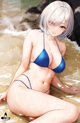  bare_arms bare_shoulders bikini blue_bikini blue_eyes blurry blurry_background blush breasts cleavage closed_mouth day eyes_visible_through_hair female hair_over_one_eye highres infinote large_breasts navel original outdoors partially_submerged sashou_mihiro_(infinote) short_hair smile solo stomach swimsuit thighs water wet white_hair 