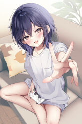  blue_hair brown_eyes commentary controller couch dark_blue_hair female game_controller hair_between_eyes highres holding holding_controller holding_game_controller indian_style looking_at_viewer on_couch open_mouth original pillow plant reaching reaching_towards_viewer shirt short_hair sitting smile solo v white_shirt yugaa 