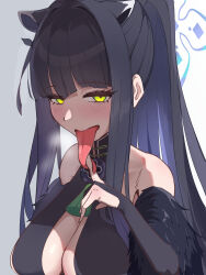  animal_ears bare_shoulders black_bridal_gauntlets black_dress black_hair blue_archive blue_halo blush breasts bridal_gauntlets center_opening china_dress chinese_clothes cleavage dress extra_ears feather_boa female gradient_background green_eyes grey_background halo high_ponytail highres large_breasts licking licking_finger long_hair long_tongue looking_at_viewer multicolored_hair ponytail prehensile_tongue sazangaku seductive_smile shun_(blue_archive) simple_background smile solo tassel tiger_ears tongue upper_body white_background 