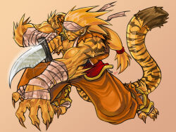  5_toes accessory action_pose animal_ears animal_humanoid anthro armband biceps blonde_hair breath_of_fire capcom claws clothed clothing digital_rivers feet felid felid_humanoid feline feline_humanoid footwear fur hair headband holding_object holding_weapon humanoid humanoid_feet legband long_hair long_tail male mammal mammal_humanoid markings muscular muscular_male open_clothing open_shirt open_topwear plantigrade pose rei_(breath_of_fire) shirt sleeveless_shirt solo striped_markings striped_tail stripes stripped_markings tail tail_markings tiger_tail toe_claws toeless_footwear toes topwear weapon yellow_body yellow_fur 