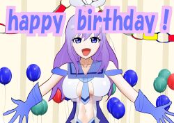  absurdres balloon blue_eyes breasts cleavage collarbone delphinus_yukino_(saint_seiya:_rising_cosmo) gloves hairband happy_birthday highres long_hair looking_at_viewer navel open_mouth outstretched_arms purple_hair sailor_collar saint_seiya saint_seiya:_rising_cosmo smile spinsi_ta upper_body 