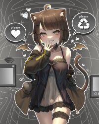  absurdres animal_ears annin_miru arrow_(symbol) blonde_hair breasts bridal_garter brown_hair brown_jacket cat_ears cat_girl cat_tail colored_inner_hair creature demon_wings detached_wings female frilled_chemise grin hand_to_own_mouth heart highres index_finger_raised indie_virtual_youtuber jacket large_breasts long_sleeves looking_at_viewer multicolored_hair off_shoulder open_clothes open_jacket recycling_symbol scotishfold see-through short_hair smile smug spoken_heart spoken_symbol streaked_hair tail two-tone_hair virtual_youtuber wings 