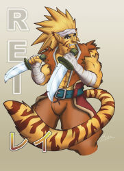  accessory animal_ears animal_humanoid anthro armband blonde_hair breath_of_fire capcom clenched_teeth clothed clothing felid felid_humanoid feline feline_humanoid fur hair headband holding_object holding_weapon humanoid knifes long_hair male mammal mammal_humanoid monkeygogo open_clothing open_shirt open_topwear rei_(breath_of_fire) shirt sleeveless_shirt solo stripped_markings teeth topwear weapon yellow_body yellow_fur 