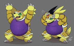  3_fingers 3_toes anthro armadillomon bandai_namco belly black_nose claws digimon digimon_(species) feet fingers green_eyes grey_background grey_claws johnnythecheesy male open_mouth overweight pink_tongue shaded shell simple_background smile solo tail toes tongue worried yellow_body 