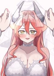  absurdres blush breasts bridal_veil choker cleavage commentary_request dress female goddess_of_victory:_nikke highres horns large_breasts long_hair looking_at_viewer mechanical_horns miko_(uuua12u) open_mouth pov pov_hands red_hair red_hood_(nikke) smile veil veil_lift wedding_dress white_choker white_dress yellow_eyes 