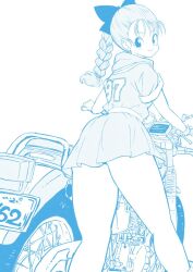  ass bow braid braided_ponytail bulma_briefs closed_mouth dragon_ball dragon_ball_(classic) female greyscale hairbow kajino_(aosansai) long_hair looking_at_viewer monochrome motor_vehicle motorcycle simple_background skirt smile solo white_background 