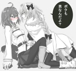  1boy ahoge astolfo_(fate) black_bow black_dress black_pantyhose black_skirt black_thighhighs boots bow braid braided_ponytail cape check_commentary commentary_request crossdressing dress fate/grand_order fate_(series) female fujimaru_ritsuka_(female) fur-trimmed_cape fur_trim gauntlets hairbow highres josou_seme miniskirt monochrome otoko_no_ko pantyhose rin_trow skirt speech_bubble straight thighhighs watermark white_cape 
