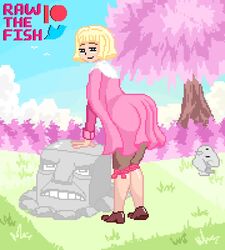  1girls 2d animate_inanimate animated berserk birds blonde_hair farnese farnese_de_vandimion female female_only focus_on_ass grass looking_at_viewer mozgus mp4 no_sound one_arm outside patreon_username pink_dress pixel_art raw_the_fish rock shaking_butt short_hair smirk tree twitter_username video 