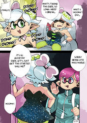  clothed color comic excited hair_ribbon inkling inkling_boy large_breasts marie_(splatoon) onat onatart opening_door pink_hair shortstack splatoon squid_sisters text text_bubble 