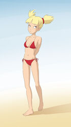  1girls arms_behind_back artist_request bikini blonde_hair cleavage feet female female_only inspector_gadget legs medium_breasts navel penny_gadget red_bikini smooth_skin solo twintails 