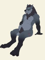  anthro belly big_belly blizzard_entertainment canid chapchl emil-gee hi_res male mammal oral_vore sitting solo stomach_bulge video_games vore warcraft were werecanid worgen 