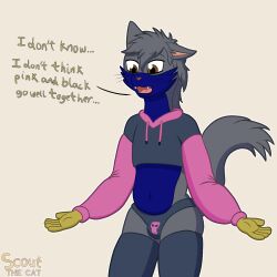  anthro blue_body blue_fur brown_eyes clothing crop_top dialogue domestic_cat english_text felid feline felis femboy fur grey_body grey_fur grey_hair hair hi_res legwear male mammal meme meme_clothing paggi_outfit panties scout_the_cat_(character) scoutthecat02 shirt simple_background skull_symbol solo tail text thigh_highs topwear underwear yellow_body yellow_fur 