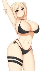  absurdres armpits arms_up bare_shoulders bikini black_bikini blonde_hair breasts cowboy_shot criss-cross_halter female fnzz girls&#039;_frontline halterneck highres large_breasts looking_at_viewer mp40_(girls&#039;_frontline) navel parted_lips red_eyes short_hair side-tie_bikini_bottom simple_background solo standing stomach swimsuit thigh_strap thighs white_background 