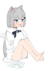  :d absurdres animal_ears barefoot blue_eyes cat_ears cat_girl cat_tail detached_sleeves dress fangs feet female full_body genkimaruu grey_hair highres indie_virtual_youtuber legs nachoneko open_mouth panties short_dress short_hair sitting sleeves_past_fingers sleeves_past_wrists smile tail underwear unworn_socks virtual_youtuber white_dress white_panties 