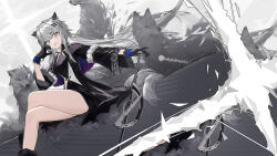  absurdres animal animal_ears arknights black_coat black_dress black_gloves buttons chinese_commentary coat commentary crossed_legs dress fang_bai_doufu_wu female gloves grey_eyes grey_hair hair_between_eyes hand_on_own_face highres lappland_(arknights) lappland_(refined_horrormare)_(arknights) long_hair long_sleeves looking_at_viewer official_alternate_costume open_clothes open_coat open_mouth scar scar_across_eye short_dress sitting smile solo sword torn_clothes torn_coat unbuttoned weapon wolf wolf_ears wolf_girl 