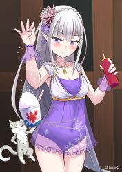  :3 artist_name beatrice_(re:zero) blue_pupils blush bottle bracelet braid closed_eyes closed_mouth commentary_request female flower food grey_hair hair_flower hair_ornament holding holding_bottle holding_food jewelry long_hair necklace one-piece_swimsuit pink_flower pointy_ears puck_(re:zero) purple_eyes purple_flower purple_one-piece_swimsuit re:zero_kara_hajimeru_isekai_seikatsu ring s_(hdru2332) shaved_ice smile snowflake_print solo standing swimsuit x_hair_ornament 