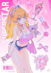  blonde_hair blue_eyes breasts female food highres large_breasts looking_at_viewer mario_(series) navel ponytail princess_peach sepo_(mito609) shorts tiara 