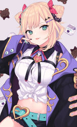  :p aqua_belt aqua_hair bat_hair_ornament belt black_belt black_choker black_jacket black_nails black_shorts blonde_hair bow braid breasts button_gap chest_belt choker cone_hair_bun cutoffs double_bun female finger_to_mouth gradient_nails green_eyes hair_bun hair_ornament hair_scrunchie hairbow hairclip highres jacket kurumi_noah kurumi_noah_(old) looking_at_viewer medium_breasts milk_carton multicolored_hair navel pink_bow pomelunch purple_jacket red_nails scrunchie shirt short_hair short_shorts shorts side_braid sleeveless sleeveless_shirt sleeves_past_wrists solo stomach streaked_hair stuffed_animal stuffed_toy teddy_bear tied_shirt tongue tongue_out virtual_youtuber vspo! white_shirt wing_collar 