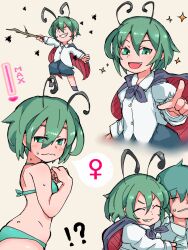  !? 1boy affection_meter antennae arthropod_girl bikini black_cape blush breasts bug cape commentary_request faceless faceless_male female green_hair highres holding holding_stick locked_arms pointing reverse_trap shirt short_hair shorts simple_background smile sparkle spoken_venus_symbol stick sweat sweatdrop swimsuit tomboy touhou two-sided_cape two-sided_fabric venus_symbol white_shirt wriggle_nightbug yoshiyuki_(14330975) 