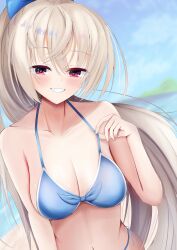  :d absurdres akizuki_kanna arm_at_side bare_shoulders bikini bikini_pull bikini_top_pull blue_bikini blue_bow blurry blurry_background blush bow breasts cafe_stella_to_shinigami_no_chou cleavage clothes_pull collarbone commentary crossed_bangs curvy day eyes_visible_through_hair female floating_hair front-tie_bikini_top front-tie_top grin hair_between_eyes hairbow halterneck hand_up happy heart heart-shaped_pupils heart_in_eye highres kiki0319i large_breasts light_brown_hair long_hair looking_at_viewer navel outdoors ponytail pulling_own_clothes red_eyes seductive_smile smile solo straight_hair swimsuit symbol-shaped_pupils symbol_in_eye upper_body very_long_hair 