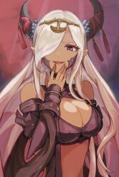  absurdres asymmetrical_horns bare_shoulders breasts cleavage dark_skin dragon_girl female fire_emblem fire_emblem_engage hair_ornament hair_over_one_eye highres horns large_breasts long_hair looking_at_viewer mature_female netugen33 pointy_ears purple_eyes revealing_clothes smile solo tassel very_long_hair zephia_(fire_emblem) 