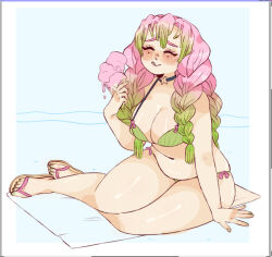  alternate_costume bikini blush braid breasts choker cleavage closed_eyes female food gradient_hair green_bikini green_hair holding holding_ice_cream_cone ice_cream ice_cream_cone kanroji_mitsuri kimetsu_no_yaiba large_breasts long_hair lumiseal mole mole_under_eye multicolored_hair multiple_braids pink_hair plump sandals solo swimsuit tongue tongue_out tri_braids 