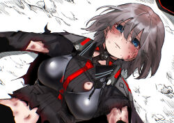  bad_end beaten black_cape blue_eyes breasts bruise bruise_on_face cape commentary_request defeat dirty dirty_face eggy_(58626635) empty_eyes female goddess_of_victory:_nikke grey_hair highres injury large_breasts lying midriff_peek navel necktie on_back red_necktie ryona scratches short_hair solo sweat tearing_up tears torn_cape torn_clothes vesti_(nikke) 