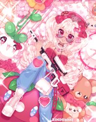  absurdres artist_name bag blonde_hair breasts commentary commission curly_hair dark-skinned_female dark_skin denim english_commentary female flower gun handbag heart highres holding holding_gun holding_weapon jeans jewelry korilakkuma lips looking_at_viewer lying necklace on_back original pants pearl_necklace red_eyes rilakkuma rinihimme san-x smile smile_on_rainbow_flower!! solo stuffed_animal stuffed_toy sunglasses teddy_bear weapon 