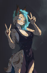  anthro blue_eyes clothed clothing ear_piercing eurasian_lynx fangs felid feline female fingers hi_res lynx mammal nails piercing pinup pose smile solo teeth welive 