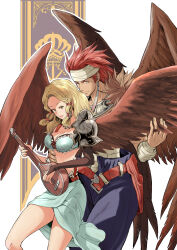  1boy arm_warmers armor belt blonde_hair breasts brother_and_sister brown_wings canopus_wolph cleavage earrings feathered_wings feathers female hand_on_another&#039;s_stomach headband highres holding holding_instrument instrument iuria_wolph jewelry kakko_(cuckoo) long_hair medium_breasts music playing_instrument red_hair siblings single_arm_warmer standing tactics_ogre white_headband wings yellow_eyes 