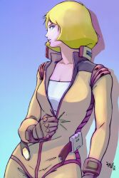  blonde_hair blue_eyes breasts female gundam highres looking_at_viewer medium_breasts military military_uniform mobile_suit_gundam mobile_suit_gundam_the_origin moroboshi_danshaku partially_unzipped sayla_mass short_hair solo uniform 