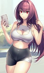  absurdres alternate_costume black_shorts breasts cellphone cleavage_cutout clothing_cutout dynamitenatalia fate/grand_order fate_(series) female hair_intakes highres holding holding_phone iphone large_breasts looking_at_object nike_(company) outdoors phone purple_hair red_eyes scathach_(fate) shorts smartphone solo sports_bra 