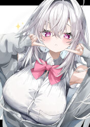  :&lt; absurdres ahoge bow breasts cleavage closed_mouth collared_shirt commentary_request dress_shirt female fingers_to_cheeks grey_hair grey_jacket hair_between_eyes hair_intakes hands_up highres jacket kamioka_shun&#039;ya large_breasts letterboxed long_hair long_sleeves off_shoulder open_clothes open_jacket original pink_bow puffy_long_sleeves puffy_sleeves purple_eyes shiori_(kamioka_shun&#039;ya) shirt short_sleeves sleeves_past_wrists solo sparkle upper_body very_long_hair white_background white_shirt 