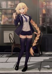  absurdres black_footwear black_jacket black_shorts black_thighhighs blazer blonde_hair blue_necktie braid breasts fate/grand_order fate_(series) female full_body hand_up highres jacket jeanne_d&#039;arc_(fate) long_hair longdq3008 looking_at_viewer necktie open_mouth purple_eyes school_uniform shirt shorts single_braid smile solo thighhighs white_shirt 