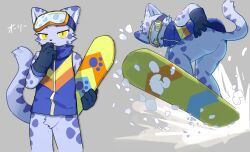  absurd_res anthro bemani biped bottomless bottomless_anthro bottomless_male clothed clothing crotch_tuft felid fingers fur hi_res kemono konami kuromu male mammal ollie_(pop&#039;n_music) pantherine pop&#039;n_music snow snow_leopard snowboard snowboarding solo tail tuft yellow_eyes 