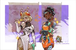  2girls ancient_greek_clothes arcane:_league_of_legends asymmetrical_arms black_sclera bone colored_sclera cosplay costume_switch dress eriochromatic glowing_arm greco-roman_clothes green_arm green_lips hades_(series) hades_2 highres laurel_crown league_of_legends melinoe_(hades) mismatched_sclera multiple_girls orange_dress see-through_body skeletal_arm smile 