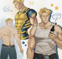  !? alcohol bara belt black_pants blonde_hair blue_bodysuit bodysuit bottle brown_belt chest_hair cosplay deadpool_&amp;_wolverine english_text highres holding holding_bottle jujutsu_kaisen large_pectorals mature_male muscular muscular_male nanami_kento navel nipples pants pectorals short_hair tank_top topless_male two-tone_bodysuit ushy_(narutoss_ramen) white_tank_top wolverine_(x-men) wolverine_(x-men)_(cosplay) yellow_bodysuit 