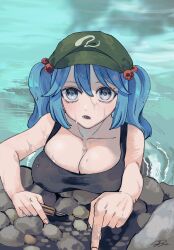  black_tank_top blue_eyes blue_hair breasts breasts_day cleavage female flat_cap green_hat hair_bobbles hair_ornament hat highres kawashiro_nitori kz_m_i large_breasts looking_at_viewer lower_teeth_only partially_submerged ripples screwdriver signature solo tank_top teeth touhou two_side_up water 