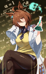  absurdres agnes_tachyon_(umamusume) ahoge animal_ears black_pantyhose black_shirt brown_hair collared_shirt commentary earrings female hair_between_eyes highres holding holding_test_tube horse_ears horse_girl jewelry long_sleeves looking_at_viewer necktie numbered pantyhose shirt short_hair short_necktie single_earring sitting sleeves_past_fingers sleeves_past_wrists smile solo sweater sweater_vest sylph_kim test_tube thighs umamusume yellow_sweater yellow_sweater_vest 