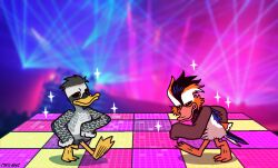  2020 3_toes aix_(genus) ambiguous_gender anatid anseriform avian beak bird black_sclera black_tail brown_body brown_feathers brown_wings cheek_tuft colored dance_floor dancing digital_drawing_(artwork) digital_media_(artwork) duck duo eastern_spot-billed_duck facial_tuft feathers feet feral fist grey_body grey_feathers grey_wings half-closed_eyes leaning leaning_forward lights looking_at_another mandarin_duck membrane_(anatomy) mouth_closed multicolored_body multicolored_feathers multicolored_tail narrowed_eyes orange_beak orange_body orange_feathers orange_legs shaded signature simple_shading sparkles tail tail_feathers teeth toes tuft webbed_feet white_body white_feathers wings yakuza_(series) yakuza_0 yellow_beak yellow_eyes yellow_legs zamothos 