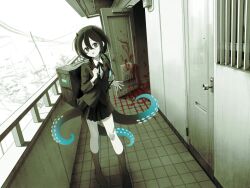  @_@ bandaid bandaid_on_leg black_bag black_eyes black_hair black_jacket black_ribbon black_skirt black_socks blood blood_on_ground demon_horns female happa_de_happy highres horns indie_virtual_youtuber jacket looking_at_viewer neck_ribbon open_door open_mouth ribbon shirt short_hair skirt socks solo tentacle_tail white_shirt yamata_ia 